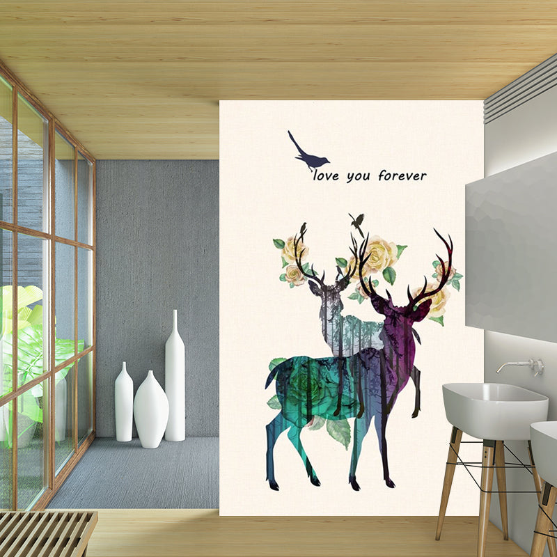 Custom Illustration Artistic Mural with Deer and Peony Blossom Pattern in Yellow-Green Clearhalo 'Wall Decor' 'Wall Mural' 1186206