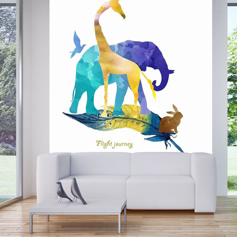 Waterproof Watercolor Animal Mural Non-Woven Contemporary Wall Covering for Home Blue-Yellow-Green Clearhalo 'Wall Decor' 'Wall Mural' 1186214