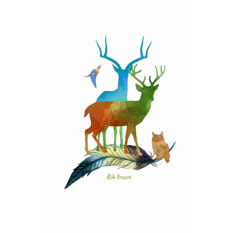 Aesthetics Deer Wall Decal Mural Red-Blue-Green Stain Resistant Wall Art for Bedroom Clearhalo 'Wall Decor' 'Wall Mural' 1186222