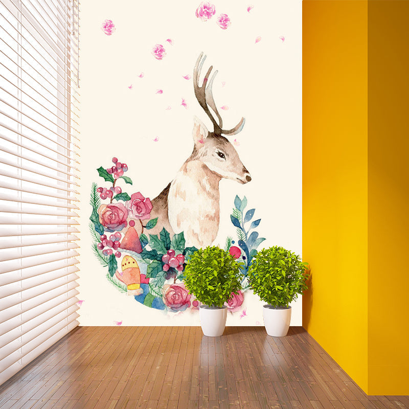 Artistic Deer Wall Covering Murals Pink and Green Flower Wall Decor for Living Room Clearhalo 'Wall Decor' 'Wall Mural' 1186225