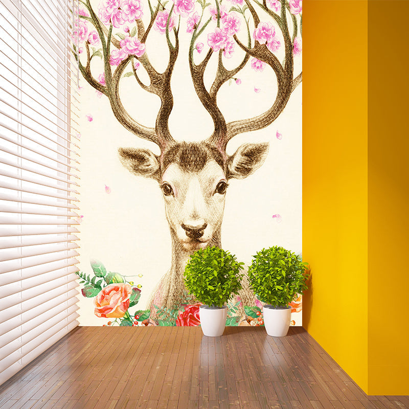 Artistry Girls Wall Mural with Flower on Deer Antler Drawing Pattern Beige Wall Covering for Decor Clearhalo 'Wall Decor' 'Wall Mural' 1186230