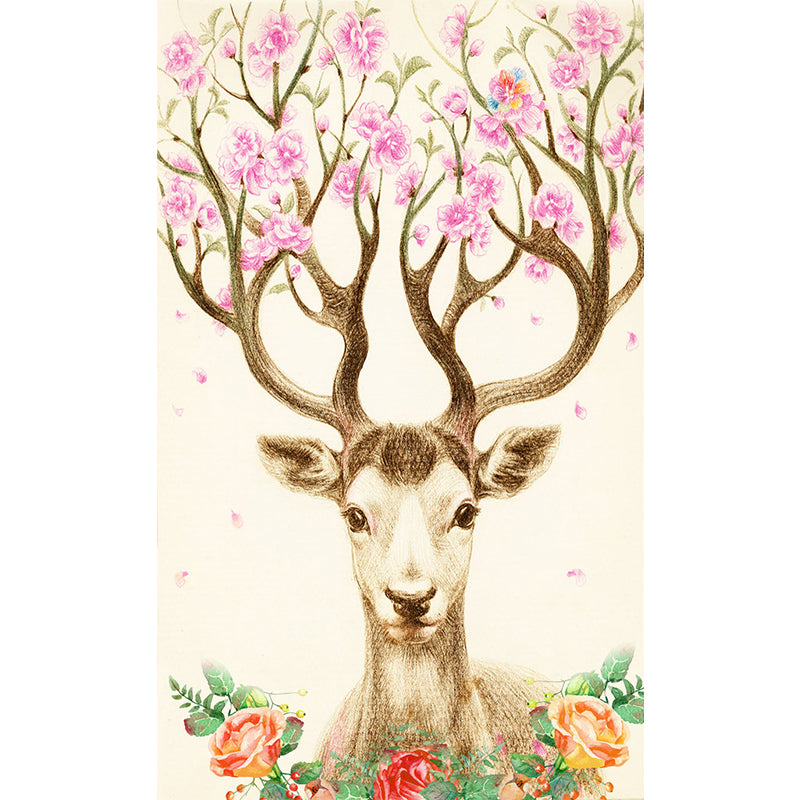 Artistry Girls Wall Mural with Flower on Deer Antler Drawing Pattern Beige Wall Covering for Decor Clearhalo 'Wall Decor' 'Wall Mural' 1186232