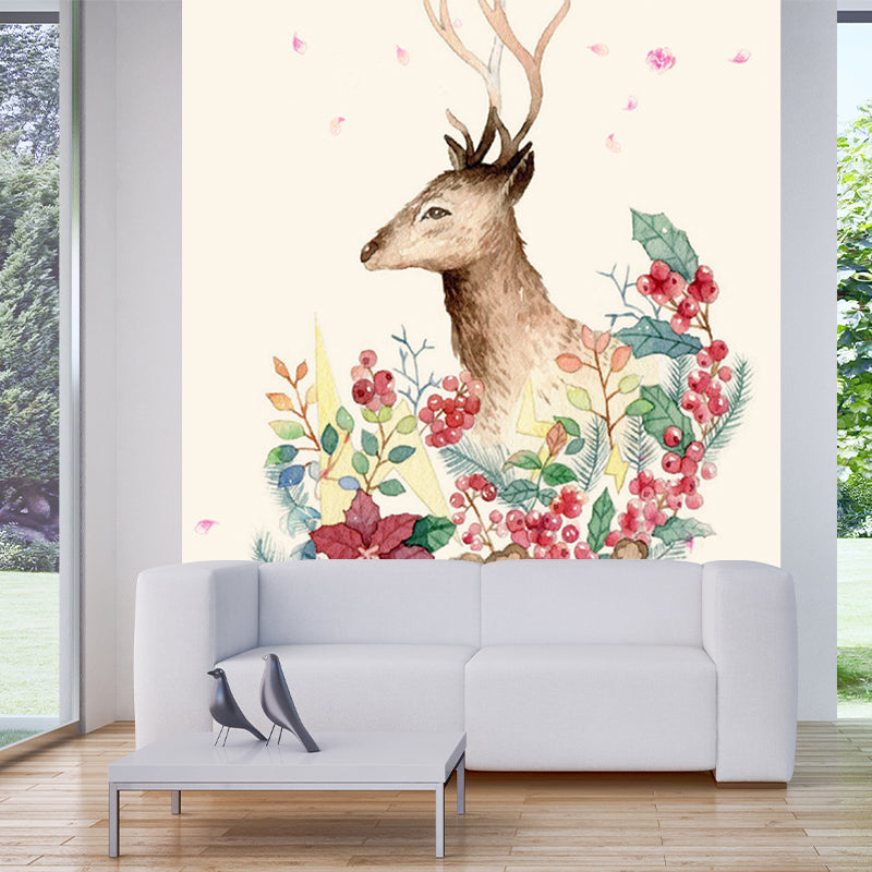 Decorative Deer with Wreath Murals Wallpaper for Accent Wall Customized Wall Art in Red-Green Red-Green Clearhalo 'Wall Decor' 'Wall Mural' 1186234