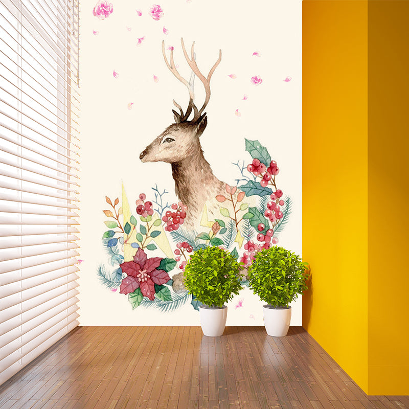 Decorative Deer with Wreath Murals Wallpaper for Accent Wall Customized Wall Art in Red-Green Clearhalo 'Wall Decor' 'Wall Mural' 1186235