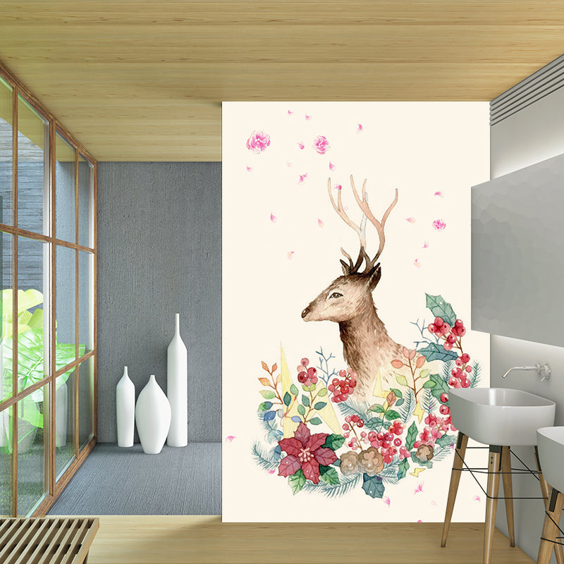 Decorative Deer with Wreath Murals Wallpaper for Accent Wall Customized Wall Art in Red-Green Clearhalo 'Wall Decor' 'Wall Mural' 1186236