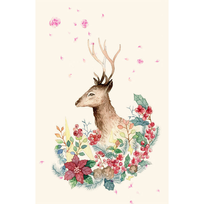 Decorative Deer with Wreath Murals Wallpaper for Accent Wall Customized Wall Art in Red-Green Clearhalo 'Wall Decor' 'Wall Mural' 1186237