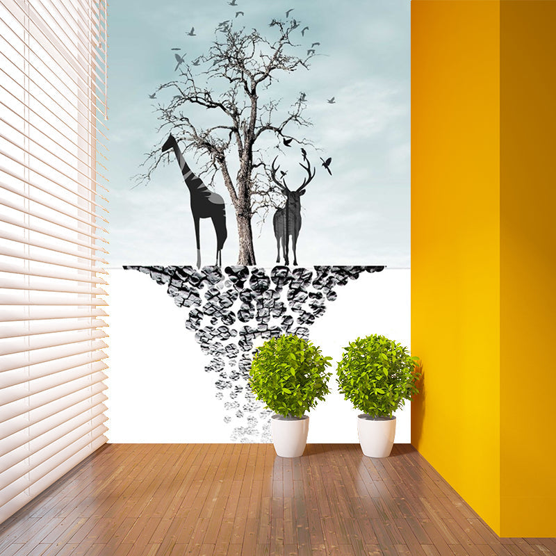 Blue-Black Art Deco Murals Full Size Path to Deer and Bare Tree Painting Wall Covering for Accent Wall Clearhalo 'Wall Decor' 'Wall Mural' 1186240