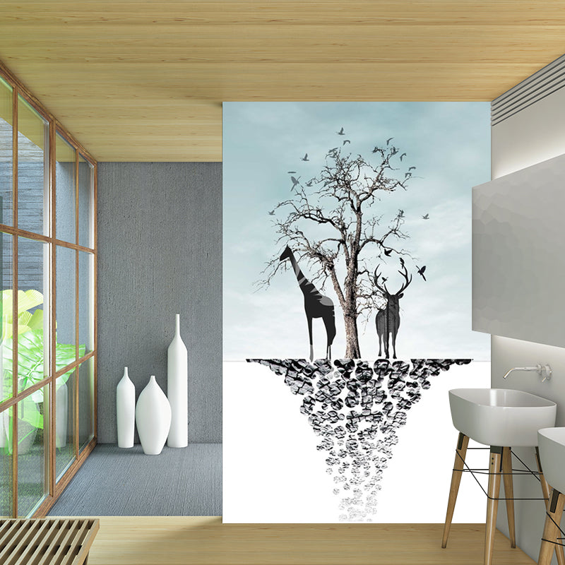 Blue-Black Art Deco Murals Full Size Path to Deer and Bare Tree Painting Wall Covering for Accent Wall Clearhalo 'Wall Decor' 'Wall Mural' 1186241