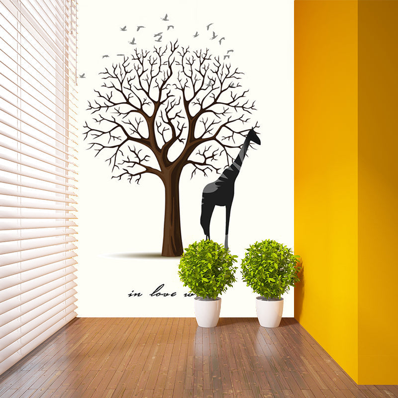 Whole Minimalist Wall Murals Black and White Giraffe with Bare Tree Painting Wall Decor, Custom Made Clearhalo 'Wall Decor' 'Wall Mural' 1186260
