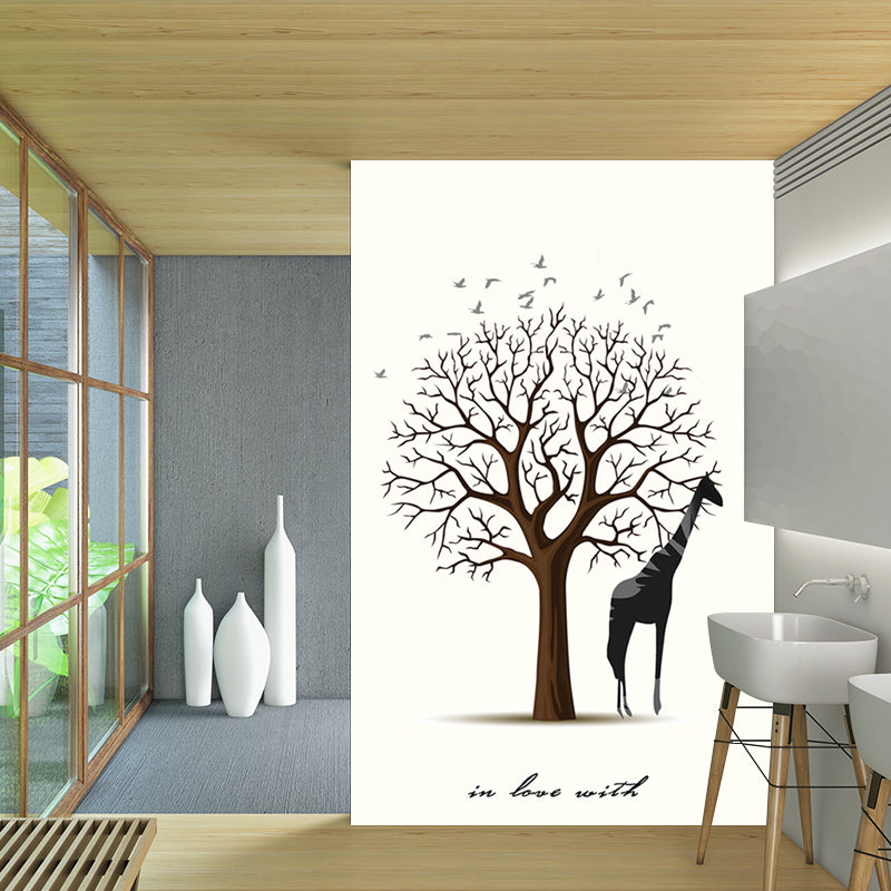 Whole Minimalist Wall Murals Black and White Giraffe with Bare Tree Painting Wall Decor, Custom Made Clearhalo 'Wall Decor' 'Wall Mural' 1186261