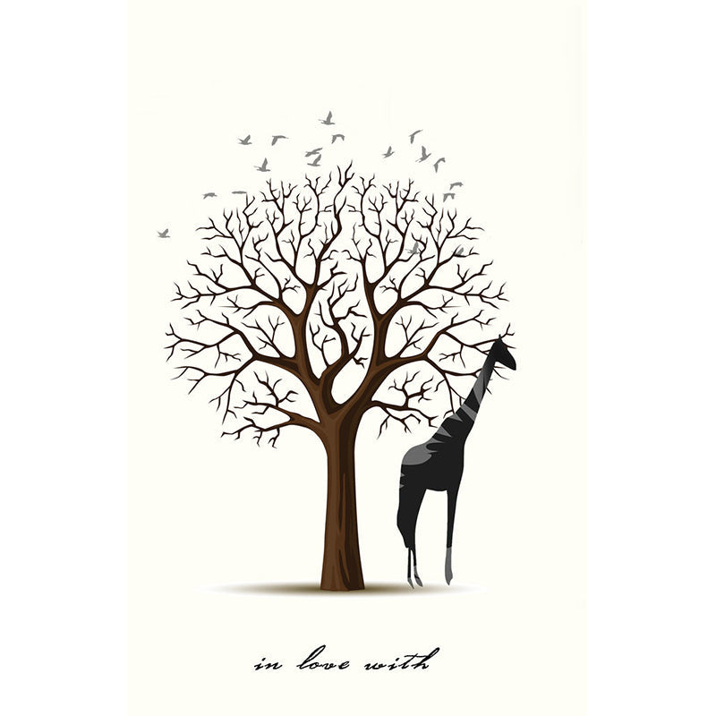 Whole Minimalist Wall Murals Black and White Giraffe with Bare Tree Painting Wall Decor, Custom Made Clearhalo 'Wall Decor' 'Wall Mural' 1186262