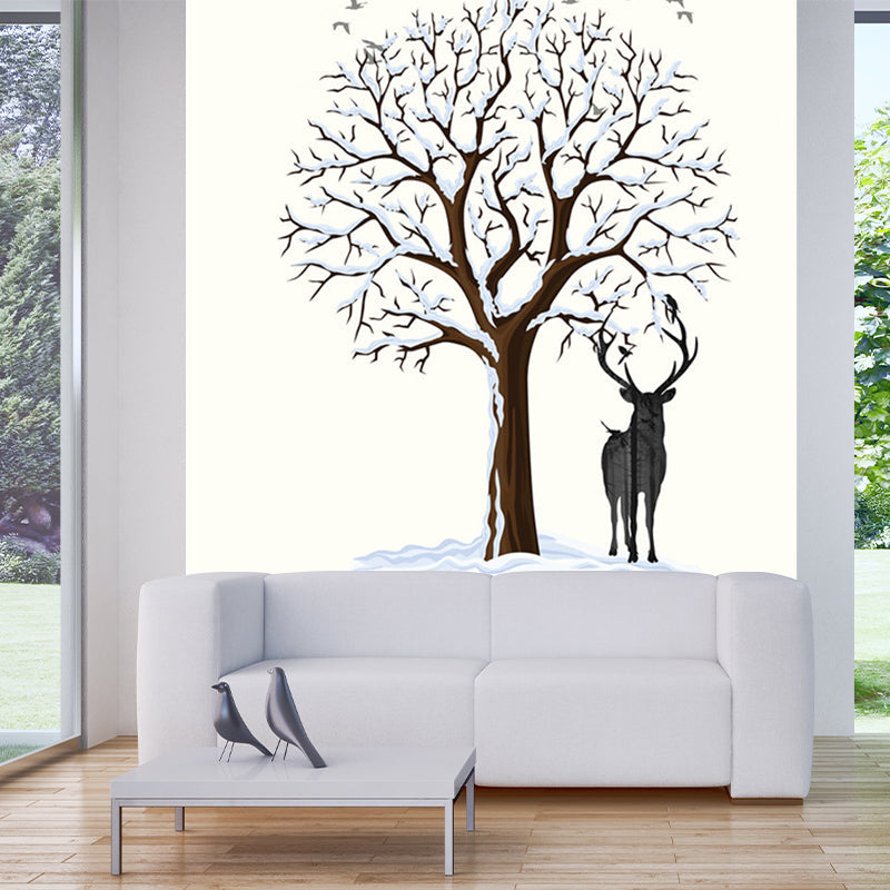 Deer Under Snowy Tree Mural Nordic Stain-Resistant Bedroom Wall Covering, Personalized Size Black-White Clearhalo 'Wall Decor' 'Wall Mural' 1186264