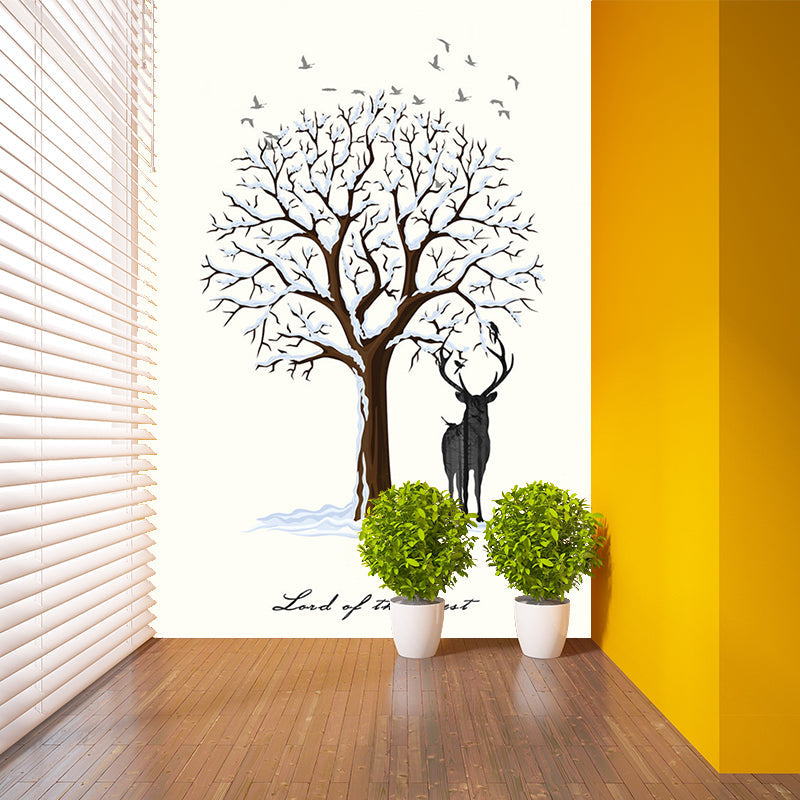 Deer Under Snowy Tree Mural Nordic Stain-Resistant Bedroom Wall Covering, Personalized Size Clearhalo 'Wall Decor' 'Wall Mural' 1186265