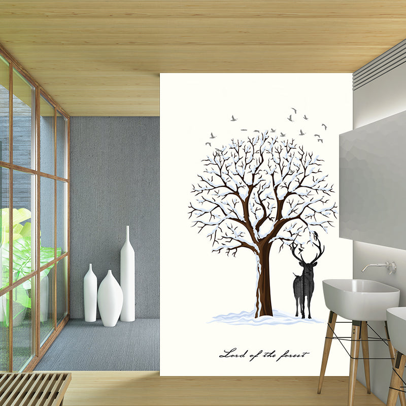 Deer Under Snowy Tree Mural Nordic Stain-Resistant Bedroom Wall Covering, Personalized Size Clearhalo 'Wall Decor' 'Wall Mural' 1186266