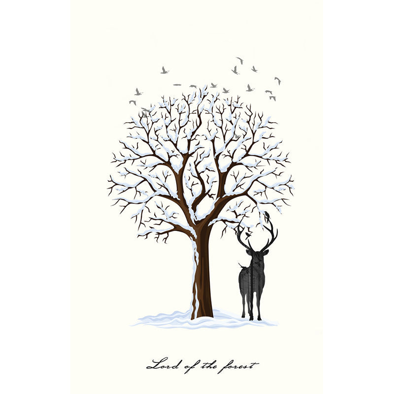 Deer Under Snowy Tree Mural Nordic Stain-Resistant Bedroom Wall Covering, Personalized Size Clearhalo 'Wall Decor' 'Wall Mural' 1186267