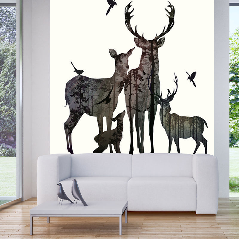 Grey Deer Family Silhouette Murals Waterproof Nordic Living Room Wall Decoration Grey Clearhalo 'Wall Decor' 'Wall Mural' 1186269