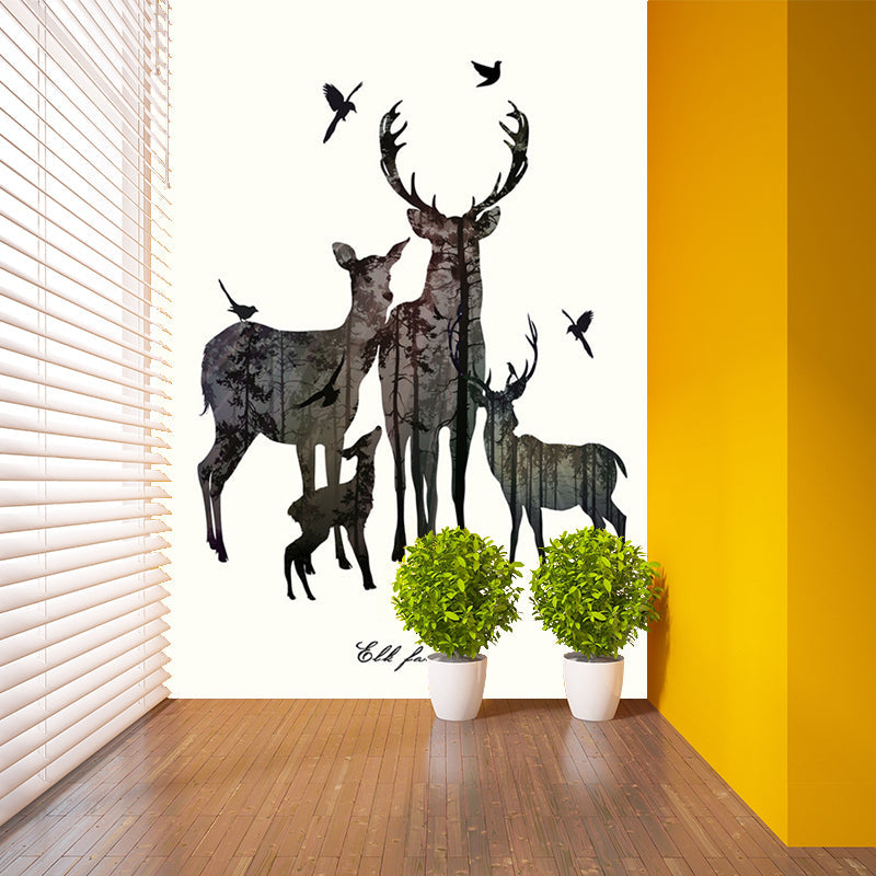 Grey Deer Family Silhouette Murals Waterproof Nordic Living Room Wall Decoration Clearhalo 'Wall Decor' 'Wall Mural' 1186270