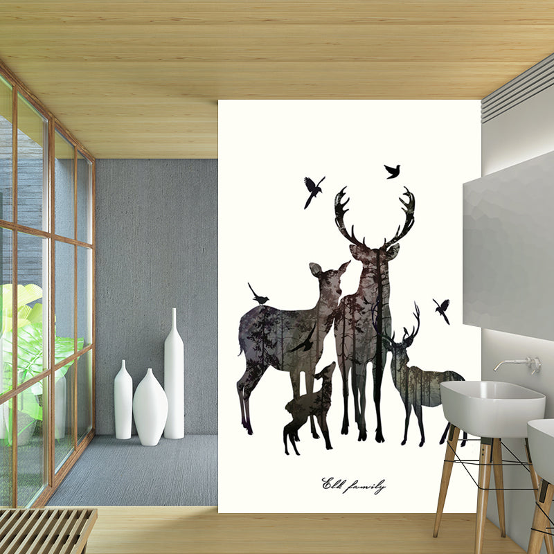 Grey Deer Family Silhouette Murals Waterproof Nordic Living Room Wall Decoration Clearhalo 'Wall Decor' 'Wall Mural' 1186271