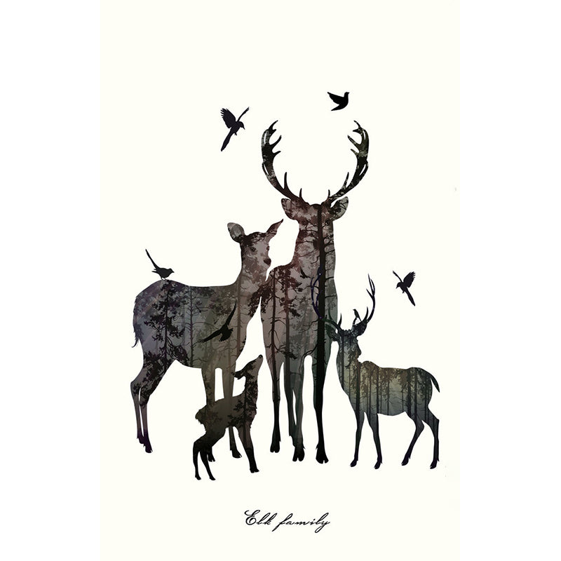 Grey Deer Family Silhouette Murals Waterproof Nordic Living Room Wall Decoration Clearhalo 'Wall Decor' 'Wall Mural' 1186272