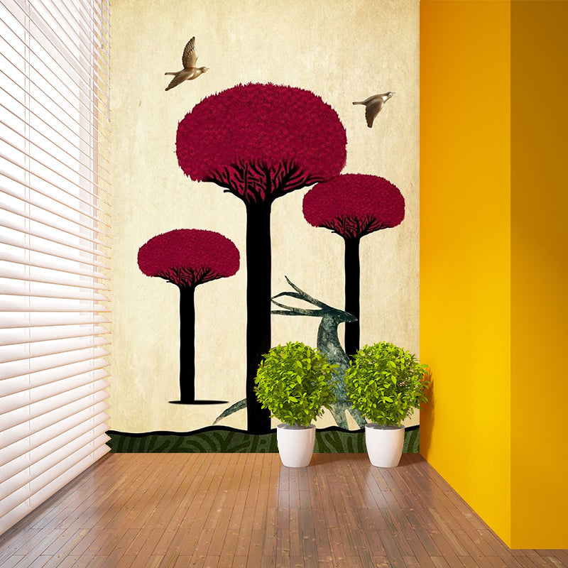 Deer Running Drawing Mural Decal Red and Yellow Modern Style Wall Art for Bedroom Clearhalo 'Wall Decor' 'Wall Mural' 1186300