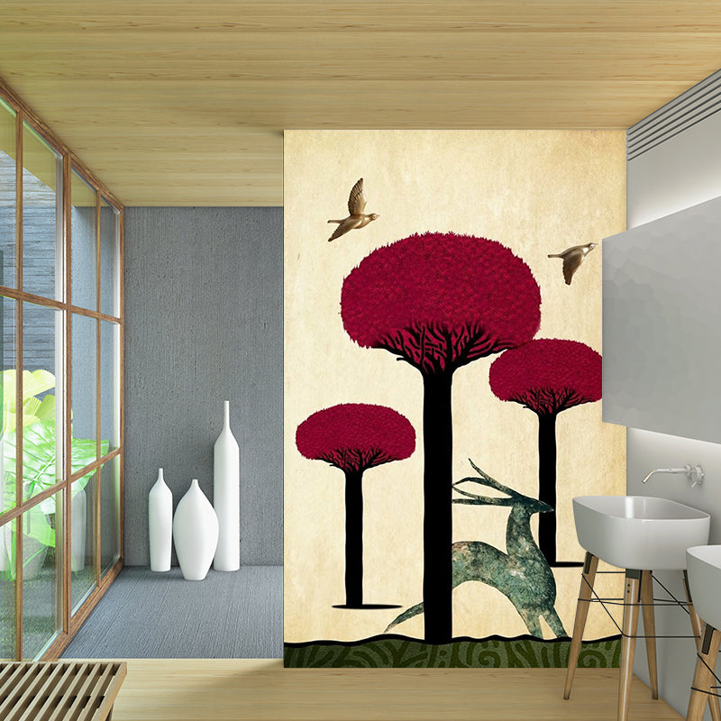 Deer Running Drawing Mural Decal Red and Yellow Modern Style Wall Art for Bedroom Clearhalo 'Wall Decor' 'Wall Mural' 1186301