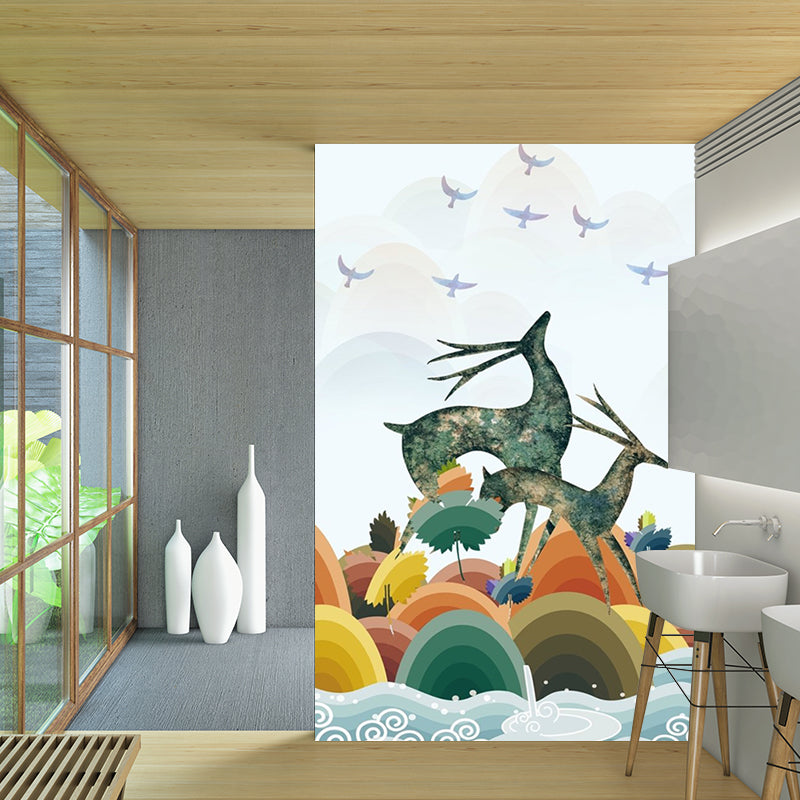 Art Deco Deer Mural Wallpaper for Living Room Customized Wall Covering in Blue-Orange-Yellow Clearhalo 'Wall Decor' 'Wall Mural' 1186306