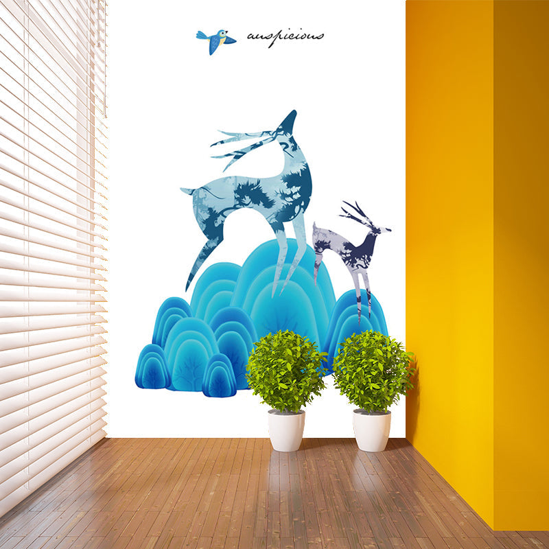 Illustration Deer and Stone Murals for Childrens Bedroom, Blue and Purple, Custom Size Available Clearhalo 'Wall Decor' 'Wall Mural' 1186320