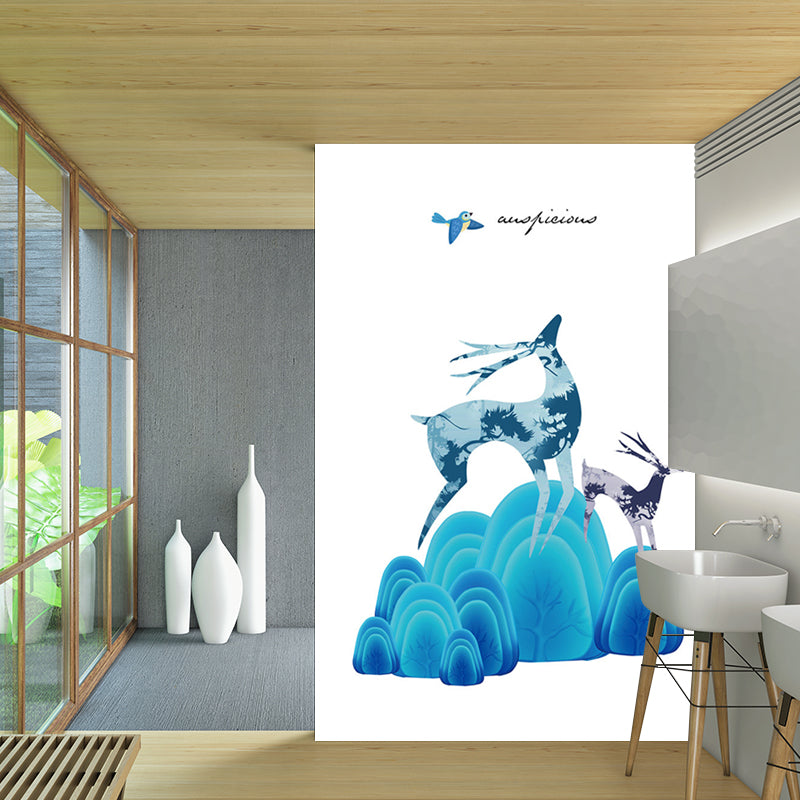 Illustration Deer and Stone Murals for Childrens Bedroom, Blue and Purple, Custom Size Available Clearhalo 'Wall Decor' 'Wall Mural' 1186321