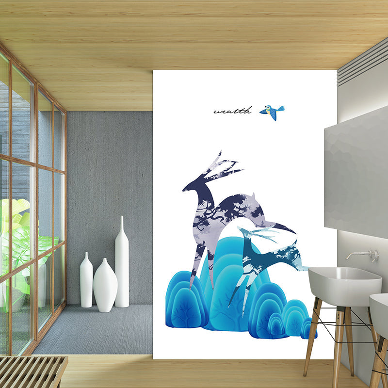 Illustration Deer and Stone Murals for Childrens Bedroom, Blue and Purple, Custom Size Available Clearhalo 'Wall Decor' 'Wall Mural' 1186326