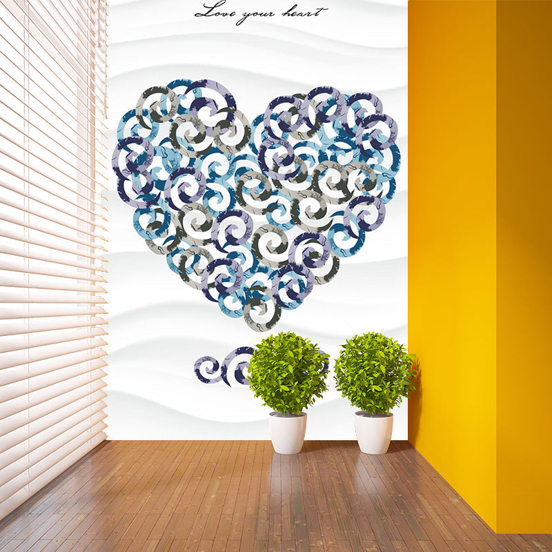 Modernist Loving Heart Drawing Mural for Girls Room Custom Size Wall Art in Purple-Blue Clearhalo 'Wall Decor' 'Wall Mural' 1186330