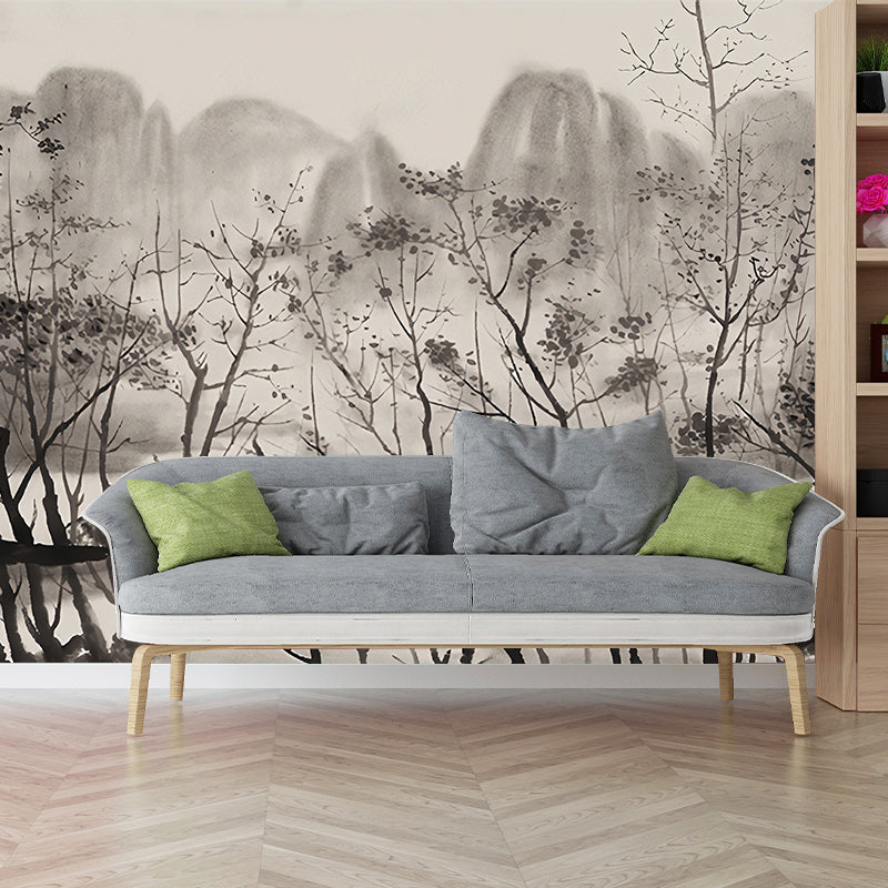 Ink Riverside Mountain Painting Murals Light-Coffee Moisture Resistant Wall Art for Living Room Clearhalo 'Wall Decor' 'Wall Mural' 1186335