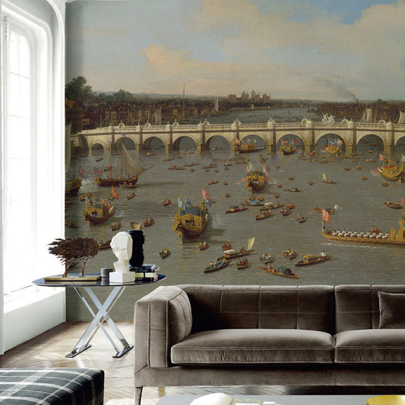 Classic Art Thames River Mural Wallpaper Grey-Blue Waterproof Wall Covering for Living Room Gray-Blue Clearhalo 'Wall Decor' 'Wall Mural' 1186339