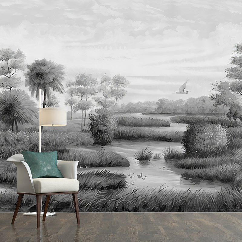 Custom Photography Tropical Wall Murals with River Islets Scenery Pattern in Grey Clearhalo 'Wall Decor' 'Wall Mural' 1186375