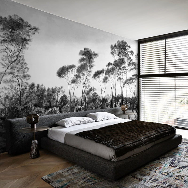 Modern Road Bush Landscape Mural Decal Black-White Stain Resistant Wall Decor for Bedroom Black-White Clearhalo 'Wall Decor' 'Wall Mural' 1186379