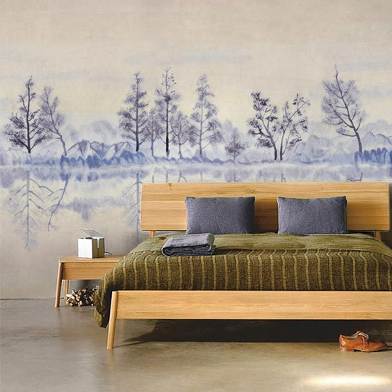 Purple-Yellow Modernist Mural Wallpaper Full Size Trees in River Bank Pattern Wall Art for Bedroom Clearhalo 'Wall Decor' 'Wall Mural' 1186385