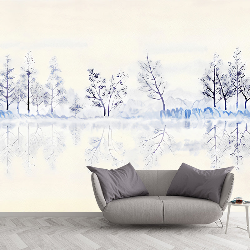 Purple-Yellow Modernist Mural Wallpaper Full Size Trees in River Bank Pattern Wall Art for Bedroom Clearhalo 'Wall Decor' 'Wall Mural' 1186386