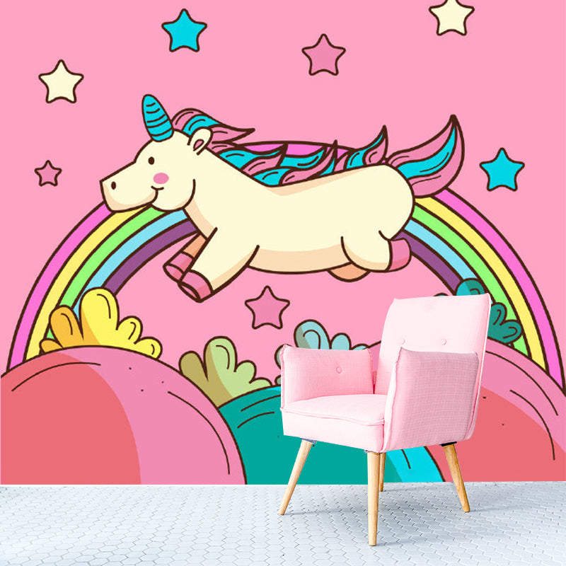 Magic Unicorn Pattern Wall Mural Decal in Pink, Cartoon Style Wall Covering for Baby Room Pink Clearhalo 'Wall Decor' 'Wall Mural' 1186424