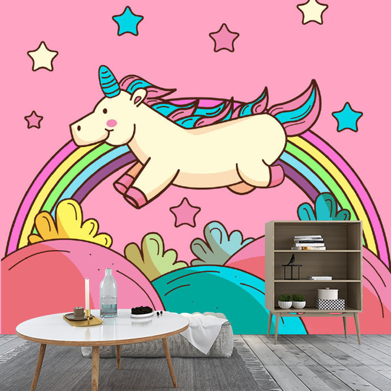 Magic Unicorn Pattern Wall Mural Decal in Pink, Cartoon Style Wall Covering for Baby Room Clearhalo 'Wall Decor' 'Wall Mural' 1186425