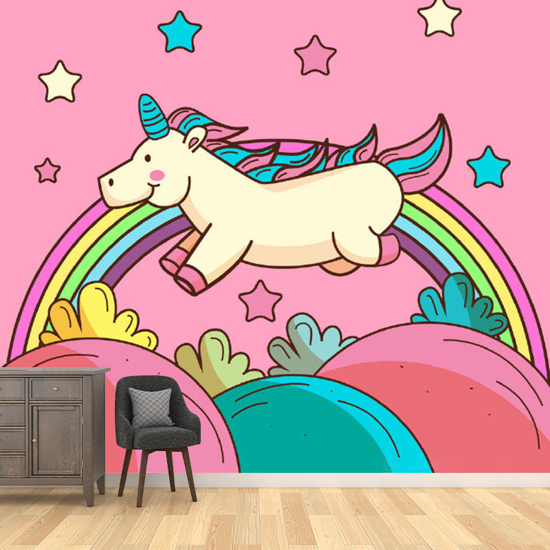 Magic Unicorn Pattern Wall Mural Decal in Pink, Cartoon Style Wall Covering for Baby Room Clearhalo 'Wall Decor' 'Wall Mural' 1186426