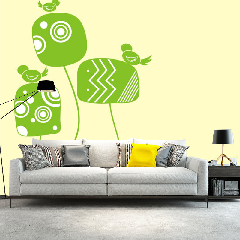 Illustration Birds on Plant Murals Full Size Wall Covering for Kids Bedroom, Personalised Size Yellow-Green Clearhalo 'Wall Decor' 'Wall Mural' 1186439