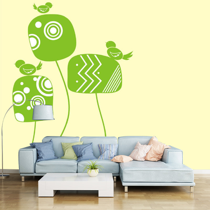 Illustration Birds on Plant Murals Full Size Wall Covering for Kids Bedroom, Personalised Size Clearhalo 'Wall Decor' 'Wall Mural' 1186440