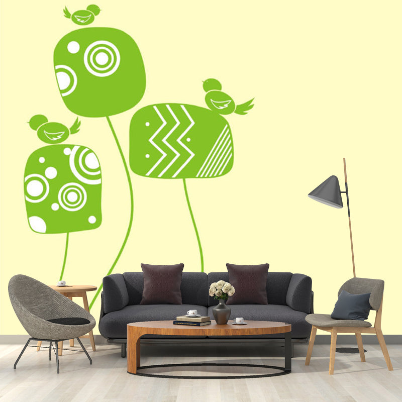 Illustration Birds on Plant Murals Full Size Wall Covering for Kids Bedroom, Personalised Size Clearhalo 'Wall Decor' 'Wall Mural' 1186441