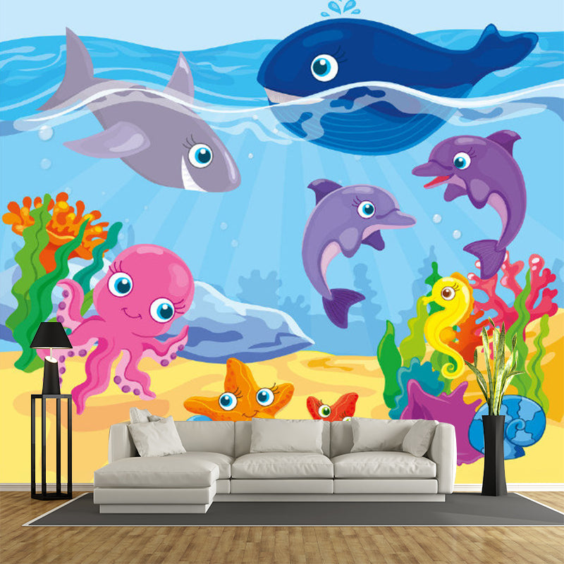 Moisture Resistant Murals for Wall Cartoon Style Non-Woven Fabric Wall Decor, Customize Size Available Blue-Yellow-Green-Pink Clearhalo 'Wall Decor' 'Wall Mural' 1186449