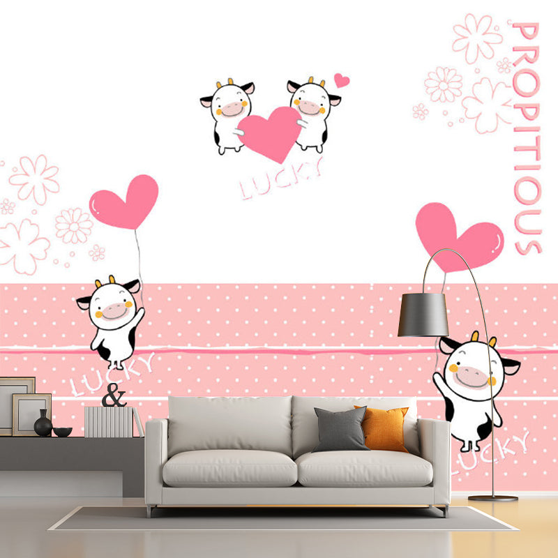 Cows and Heart Balloon Mural Decal Cartoon Waterproofing Baby Room Wall Decor, Full Size Pink-White Clearhalo 'Wall Decor' 'Wall Mural' 1186464