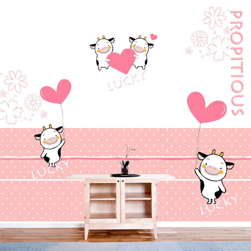 Cows and Heart Balloon Mural Decal Cartoon Waterproofing Baby Room Wall Decor, Full Size Clearhalo 'Wall Decor' 'Wall Mural' 1186465