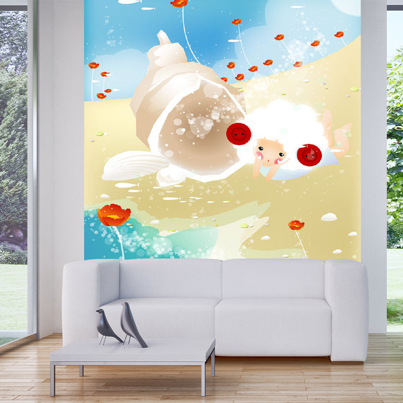 Pastel Color Cartoon Wall Mural Decal Sheep and Florets Kids Style Home Decor Wall Covering Red-Yellow-Blue Clearhalo 'Wall Decor' 'Wall Mural' 1186474