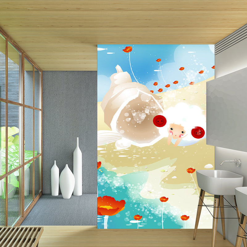 Pastel Color Cartoon Wall Mural Decal Sheep and Florets Kids Style Home Decor Wall Covering Clearhalo 'Wall Decor' 'Wall Mural' 1186475