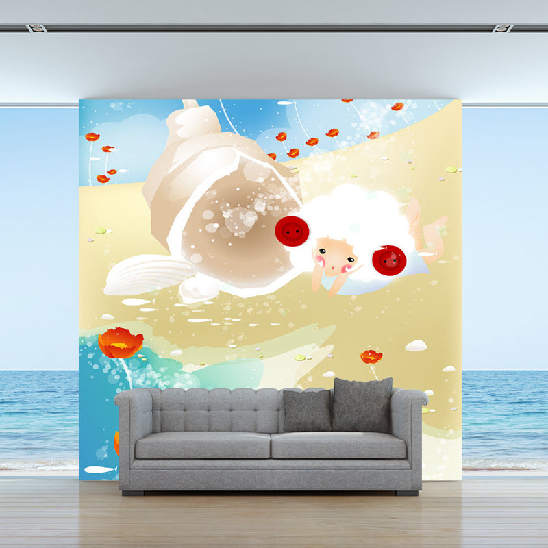 Pastel Color Cartoon Wall Mural Decal Sheep and Florets Kids Style Home Decor Wall Covering Clearhalo 'Wall Decor' 'Wall Mural' 1186476