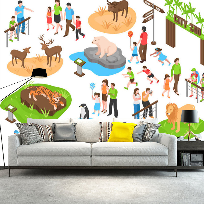 Illustration Zoo Pattern Murals for Baby Bedroom, Soft Color, Customize Size Available Blue-Yellow-Green Clearhalo 'Wall Decor' 'Wall Mural' 1186479