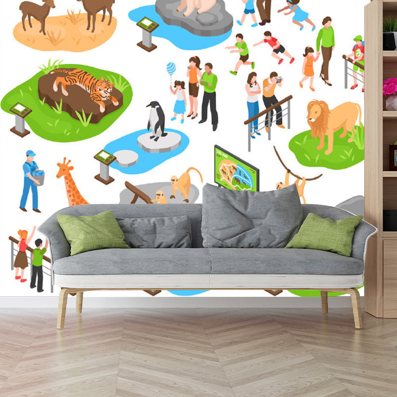 Illustration Zoo Pattern Murals for Baby Bedroom, Soft Color, Customize Size Available Clearhalo 'Wall Decor' 'Wall Mural' 1186481